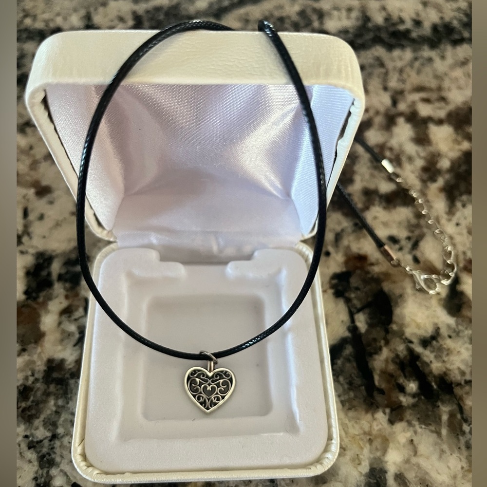 Elegant Silver Heart Pendant Necklace- black leather cord. New with tags.